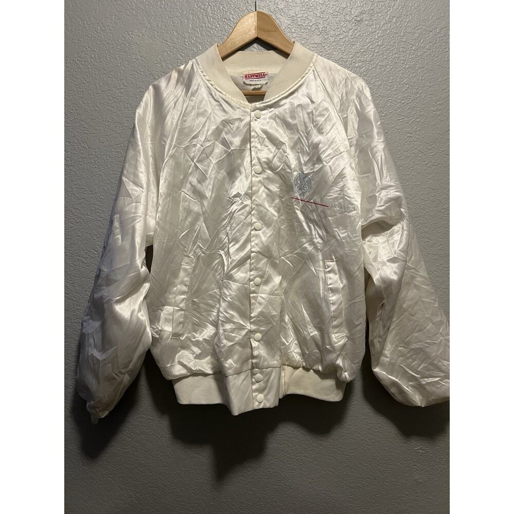 Vintage Bomber Jacket GE General Electric Embroidered Men’s White XL Satin